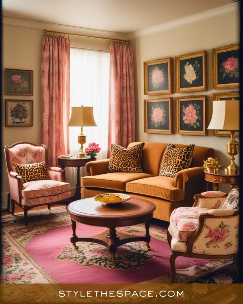 Leopard Print Living Room With Floral Pink and Vintage Charm