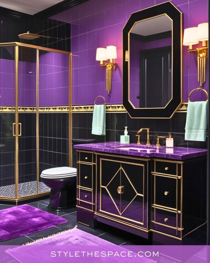 Bold Purple Bathroom Design With Luxe Black and Gold Accents