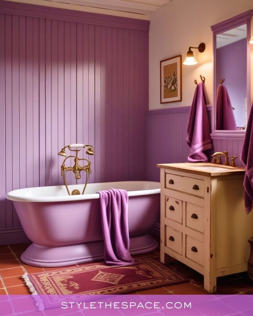 Warm Vintage Purple Bathroom With Cozy Cottage Charm