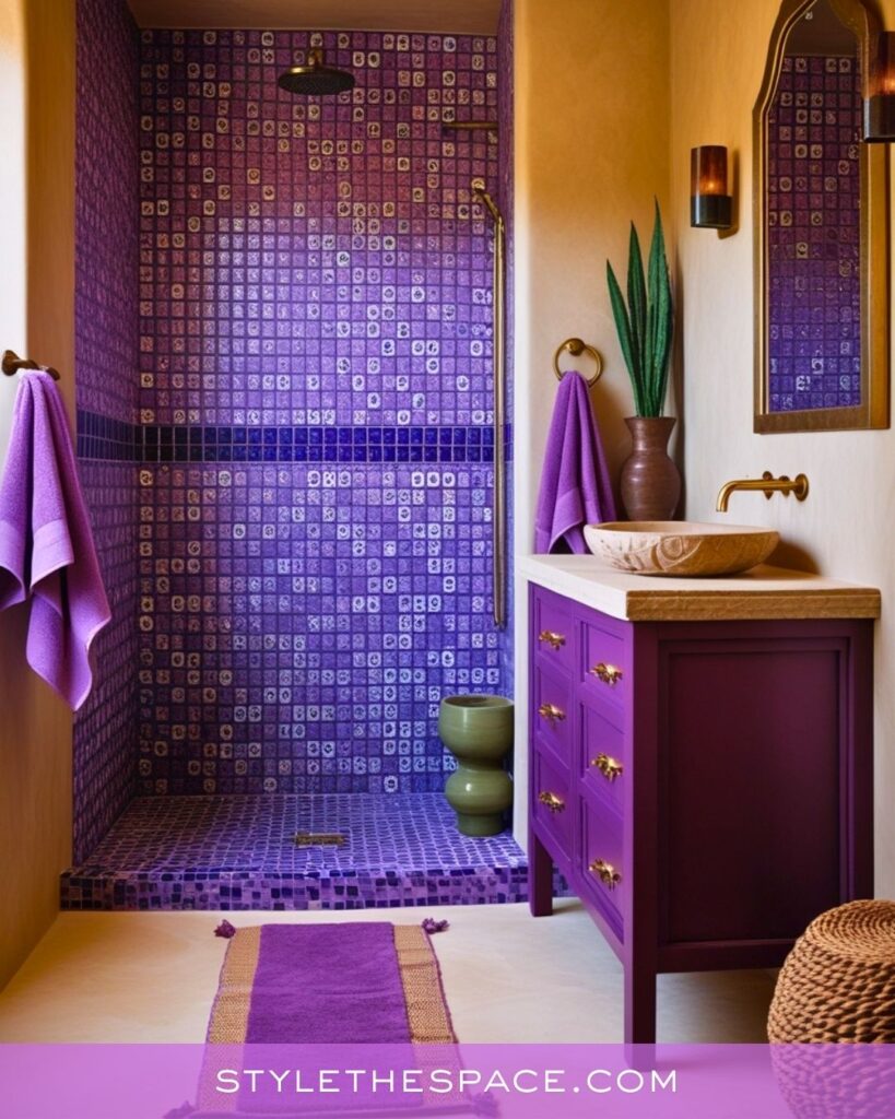 Bold Purple Mosaic Bathroom With Warm, Earthy Accents