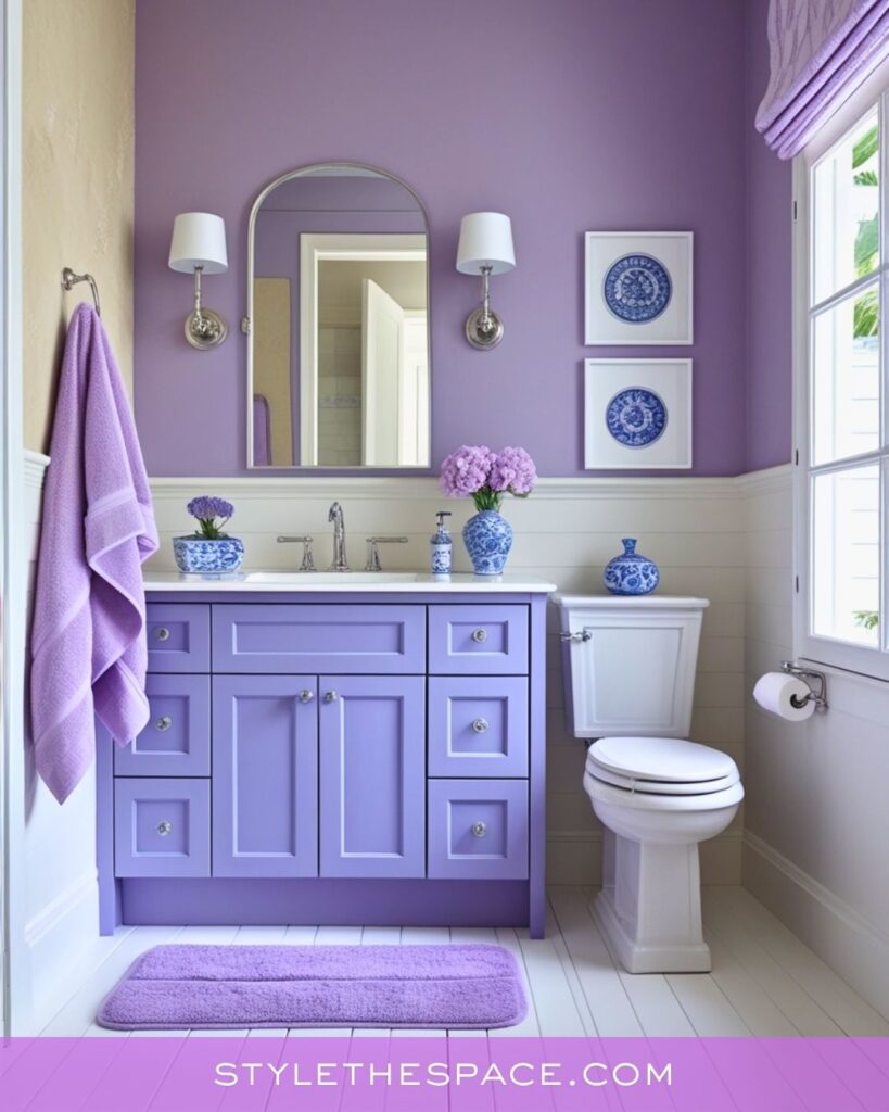 Elegant Lavender Bathroom With Fresh White Trim and Blue Accents