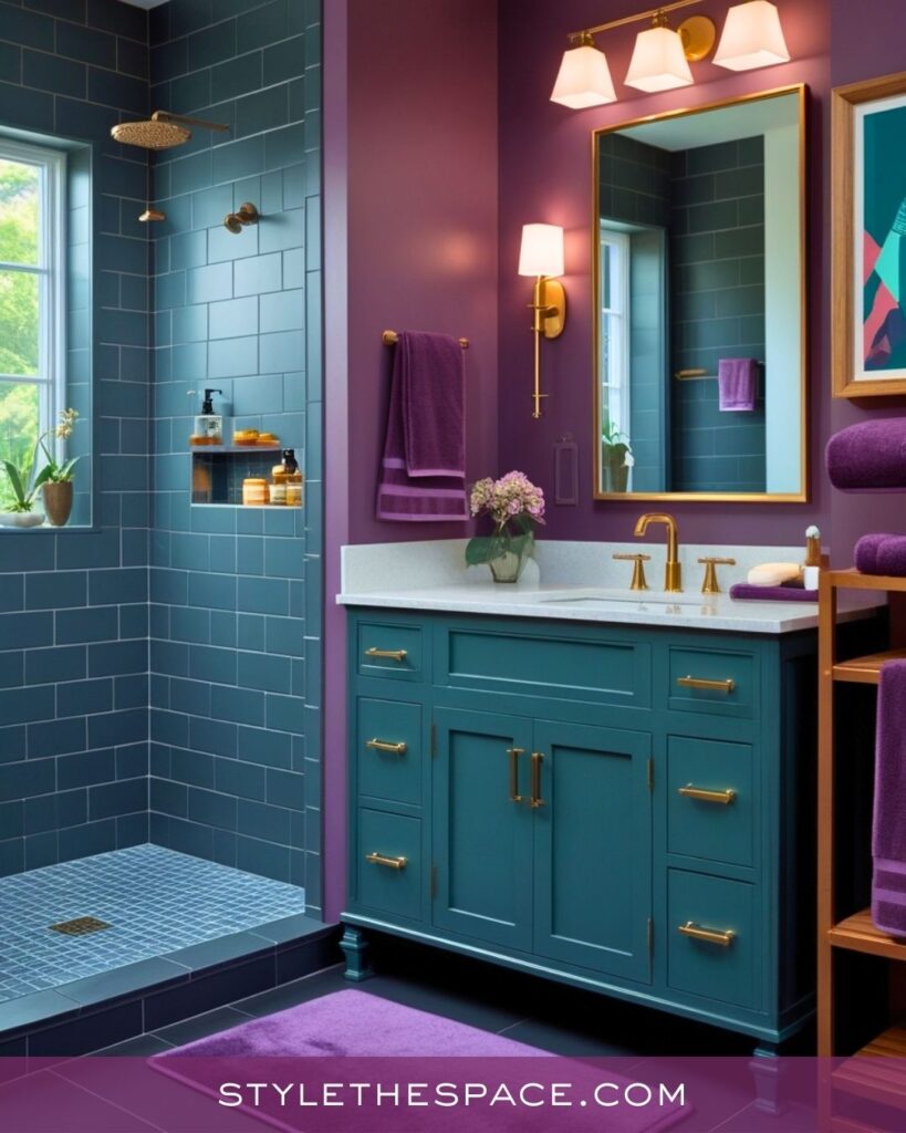 Modern Purple Bathroom With Teal Cabinetry and Gold Finishes
