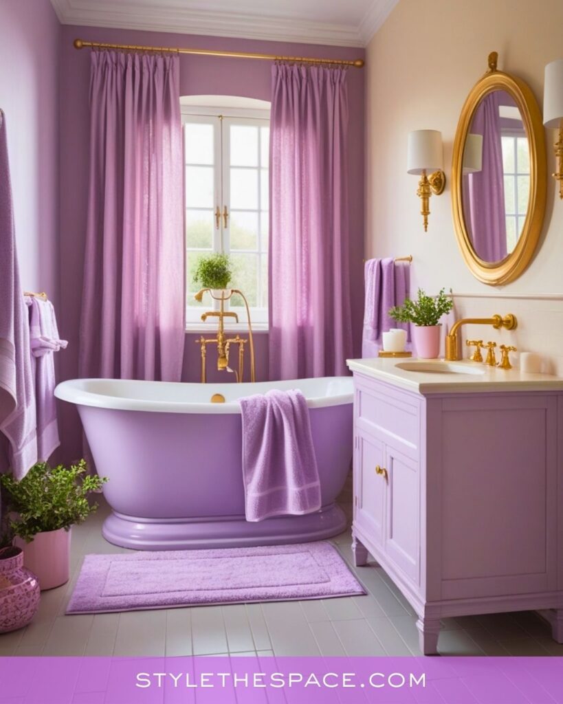Soft Lavender Bathroom With Gold Finishes and a Warm, Elegant Glow