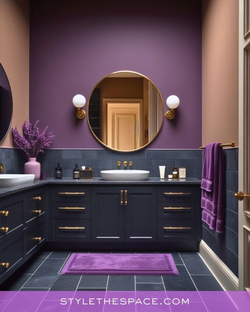 Sophisticated Purple Bathroom With Charcoal Cabinetry and Gold Accents