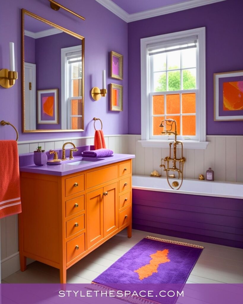 Vibrant Purple Bathroom With Bold Orange Accents and Modern Energy