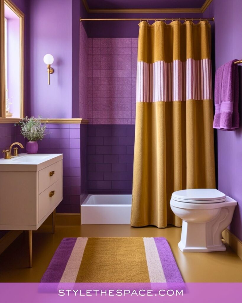 Bold Purple Bathroom With Mustard Accents and Modern Contrast