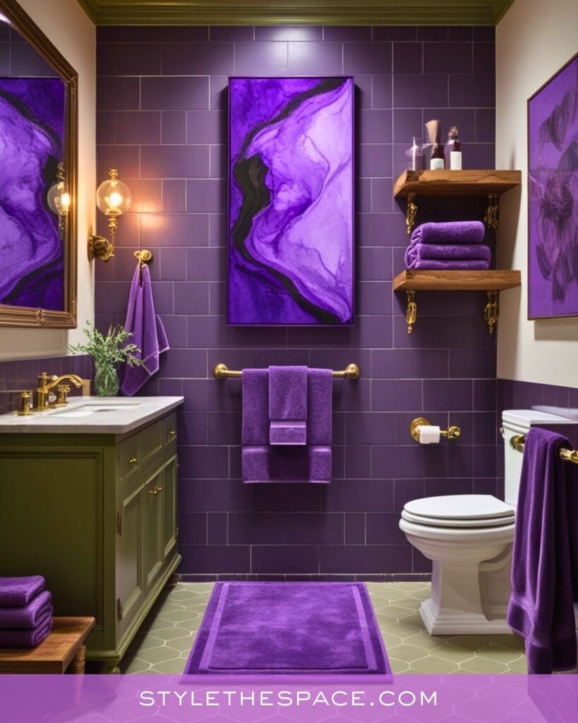 Rich Purple Bathroom Idea With Warm Green and Gold Accents