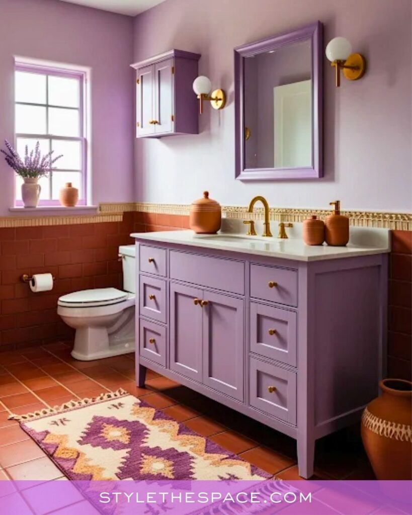 Warm Lavender Bathroom With Terracotta Accents and Cozy Southwestern Style