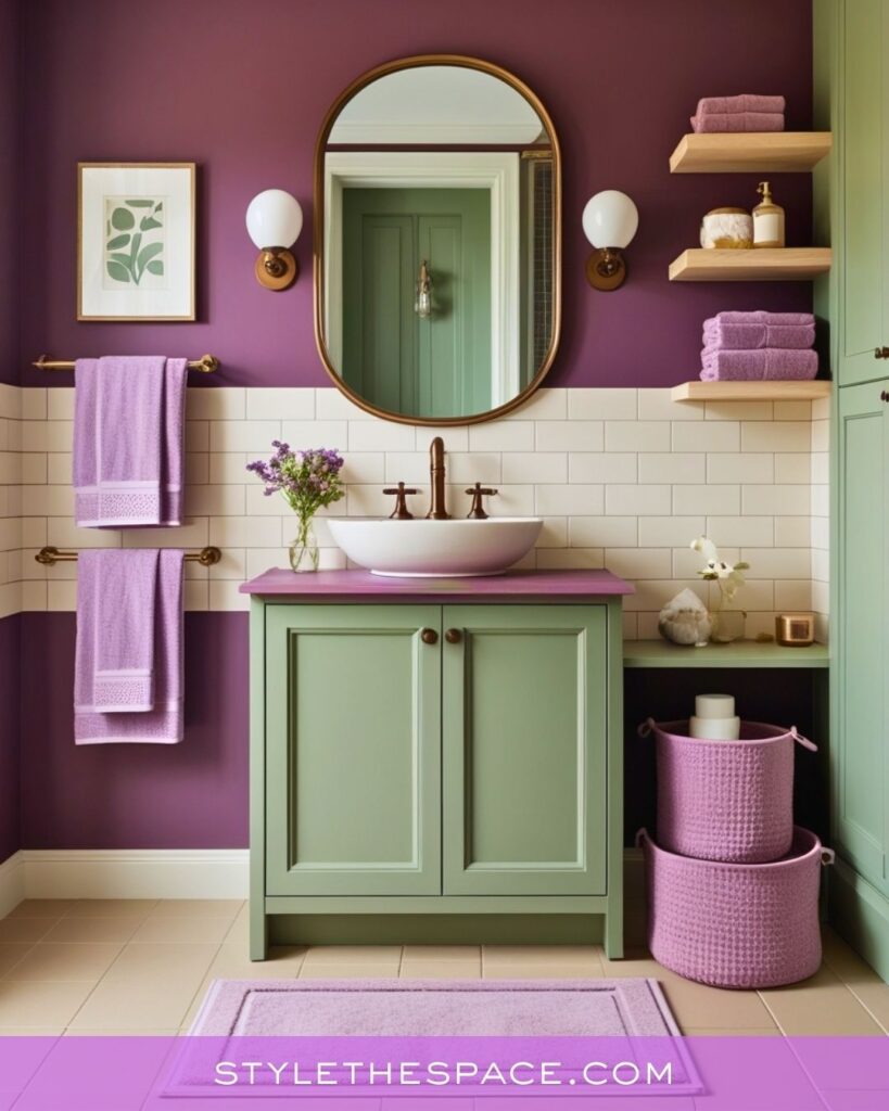 Stylish Purple Bathroom With Soft Green Cabinetry and Warm Modern Details