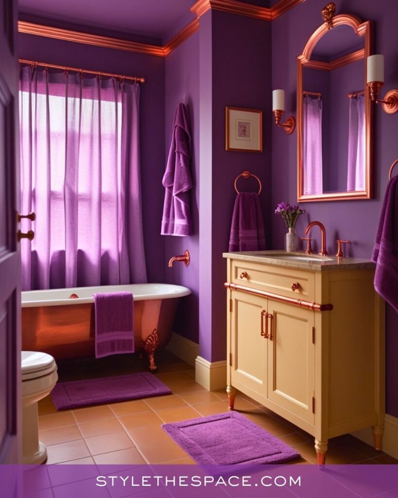 Dramatic Purple Bathroom With Copper Accents and Warm Cream Vanity