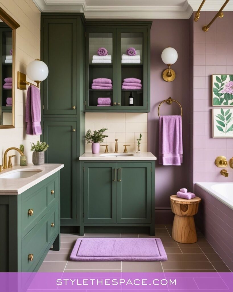 Elegant Purple Bathroom With Deep Green Cabinetry and Gold Details