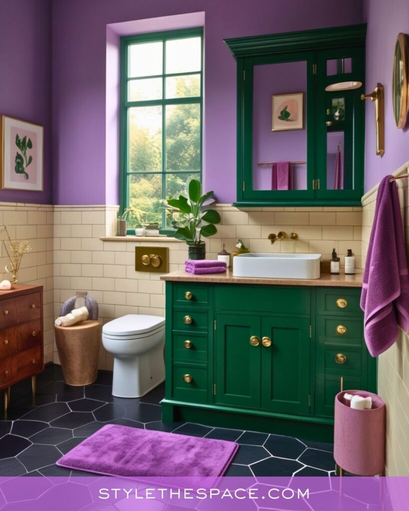 Vibrant Purple Bathroom With Deep Green Cabinetry and Warm Gold Accents