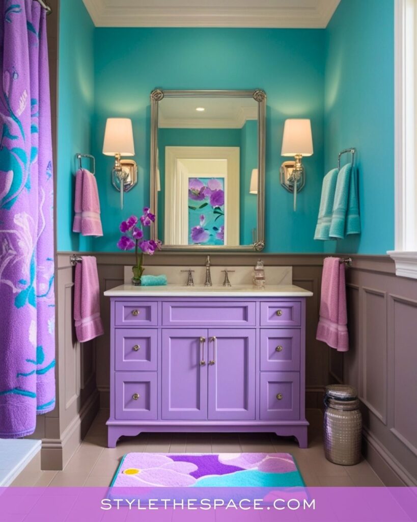 Bright Purple Bathroom With Aqua Walls and Playful Color Contrast