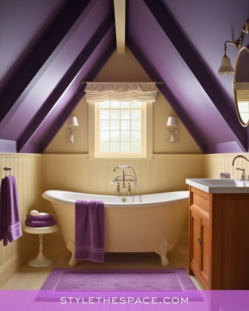 Cozy Attic Purple Bathroom With Cream Accents and Classic Charm