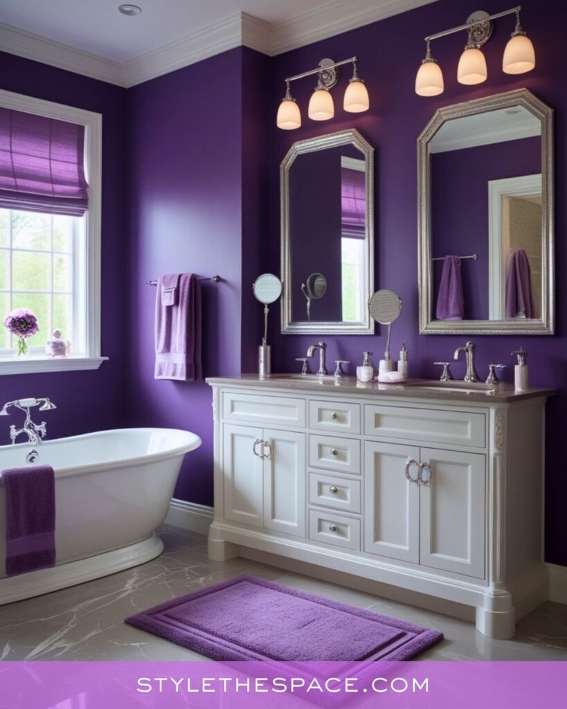 Luxurious Deep Purple Bathroom With Classic White Vanity and Silver Accents