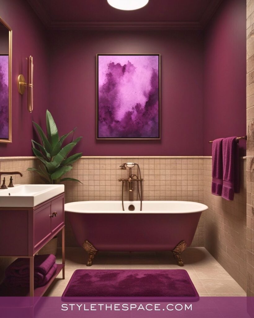 Deep Purple Bathroom Style With Warm Neutrals and Gold Accents