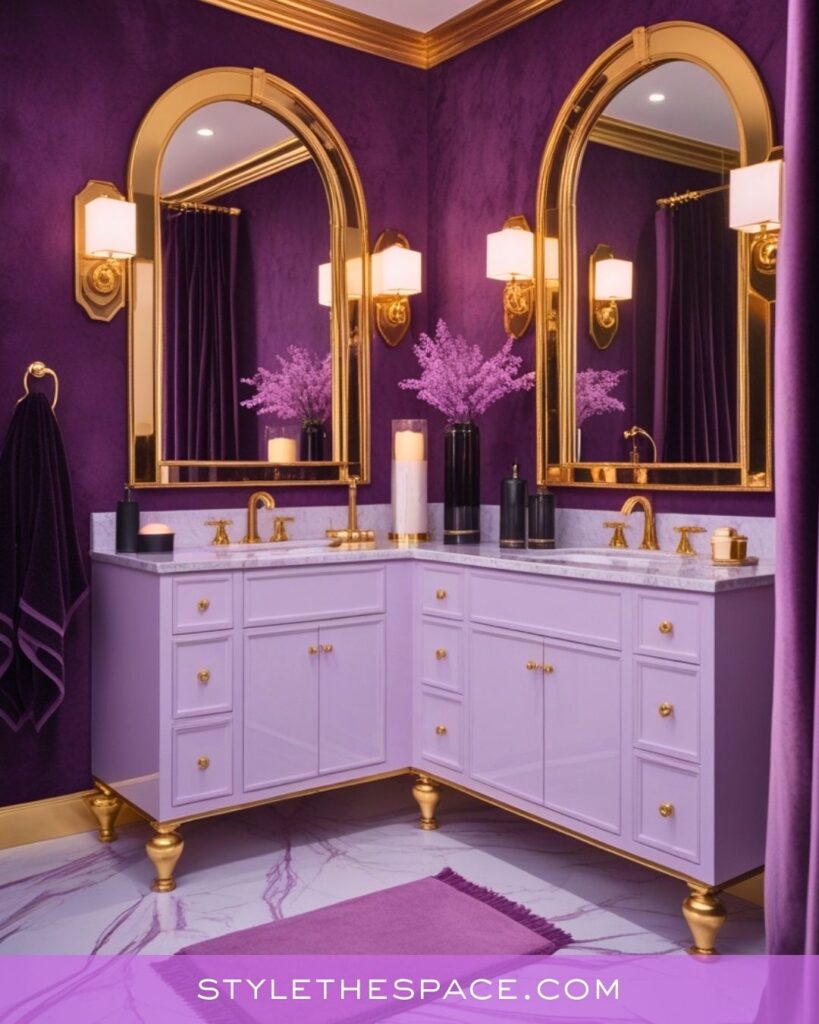 Luxurious Purple Bathroom Design With Gold Accents and Soft Lavender Cabinetry