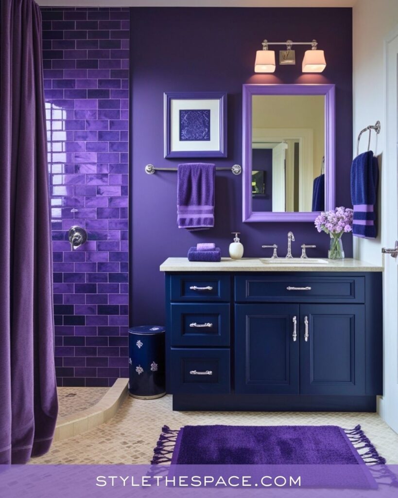 Modern Purple Bathroom With Deep Navy Accents and Glossy Tile