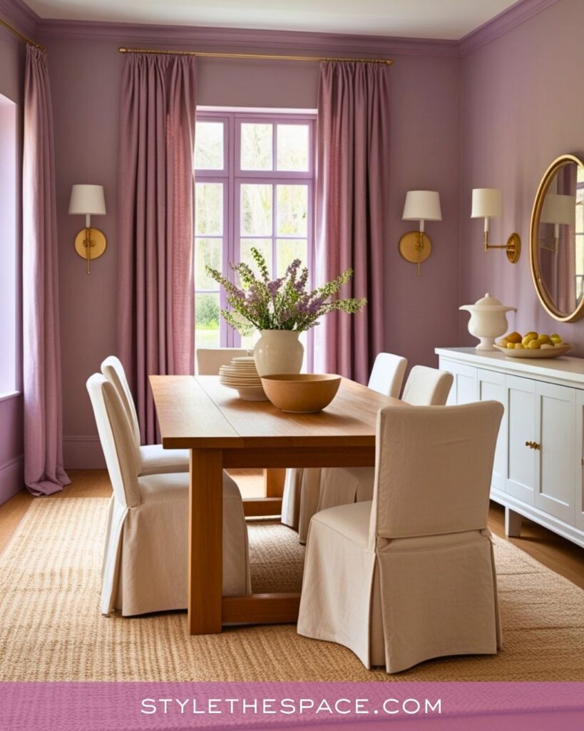 Soft Pastel Purple Dining Room With Warm Natural Textures
