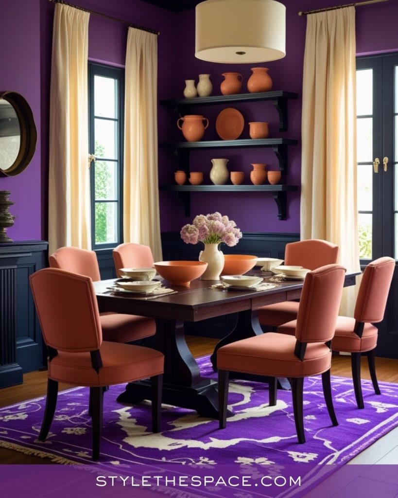 Vibrant Purple Dining Room With Warm Coral Accents