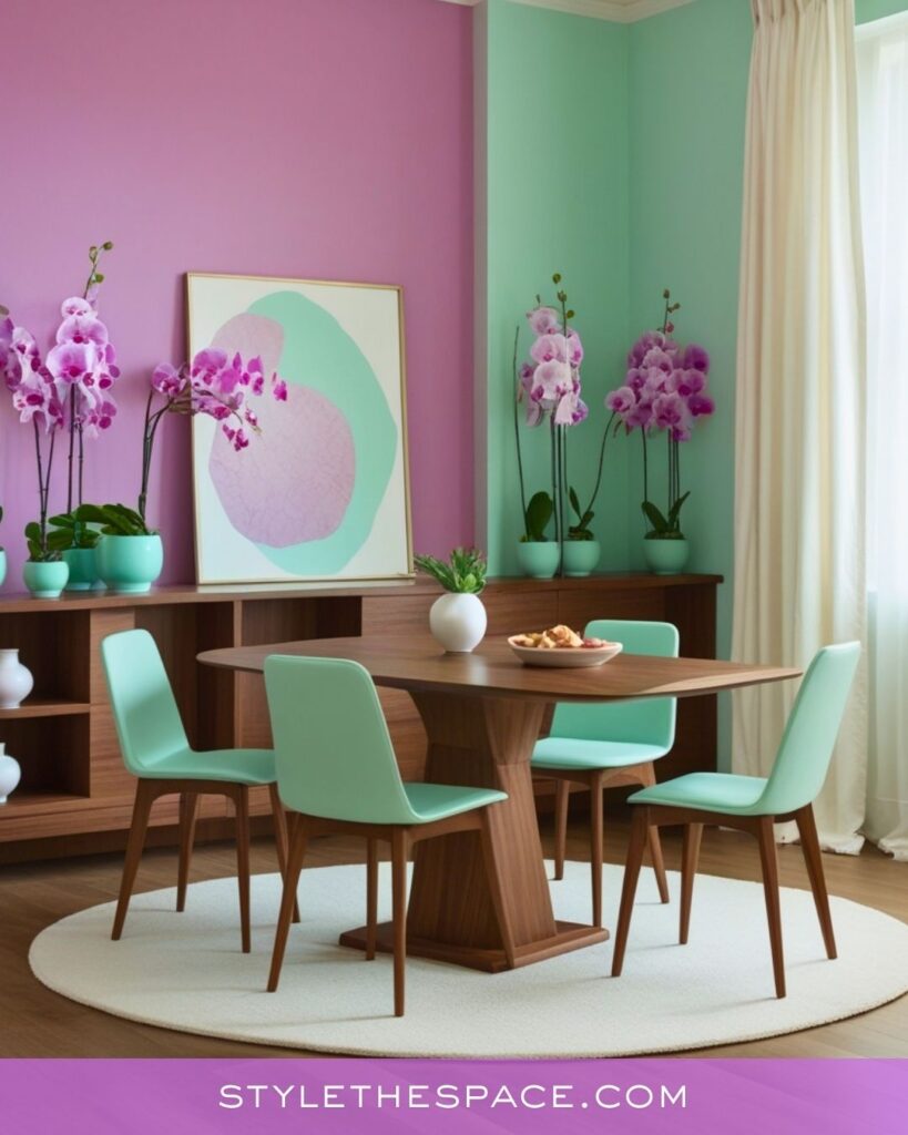 Playful Purple Dining Room With Mint Green Accents