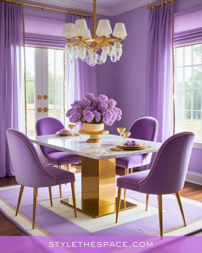 Soft Lavender Dining Room With Gold Details
