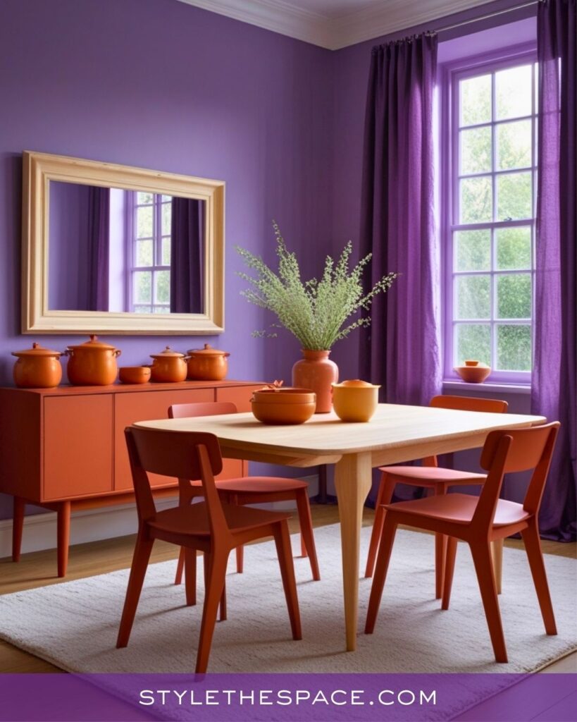 Bold Purple Dining Room With Modern Terracotta Accents