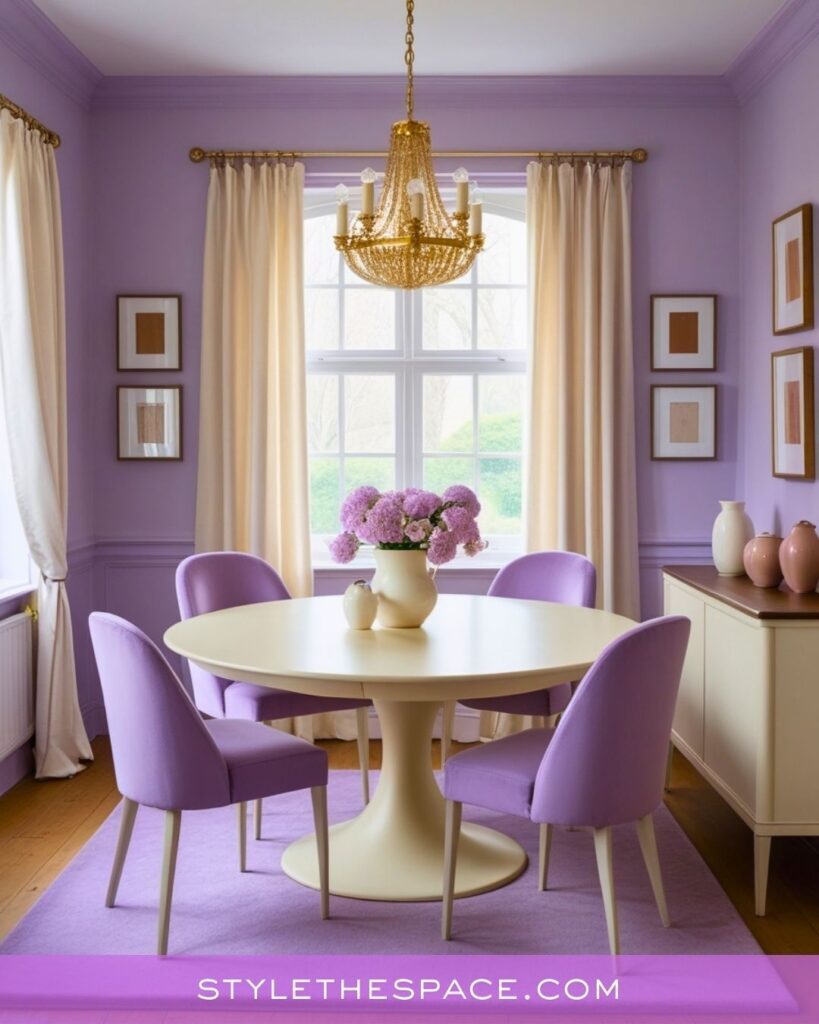 Soft Lavender Dining Room With Elegant Cream and Gold Accents