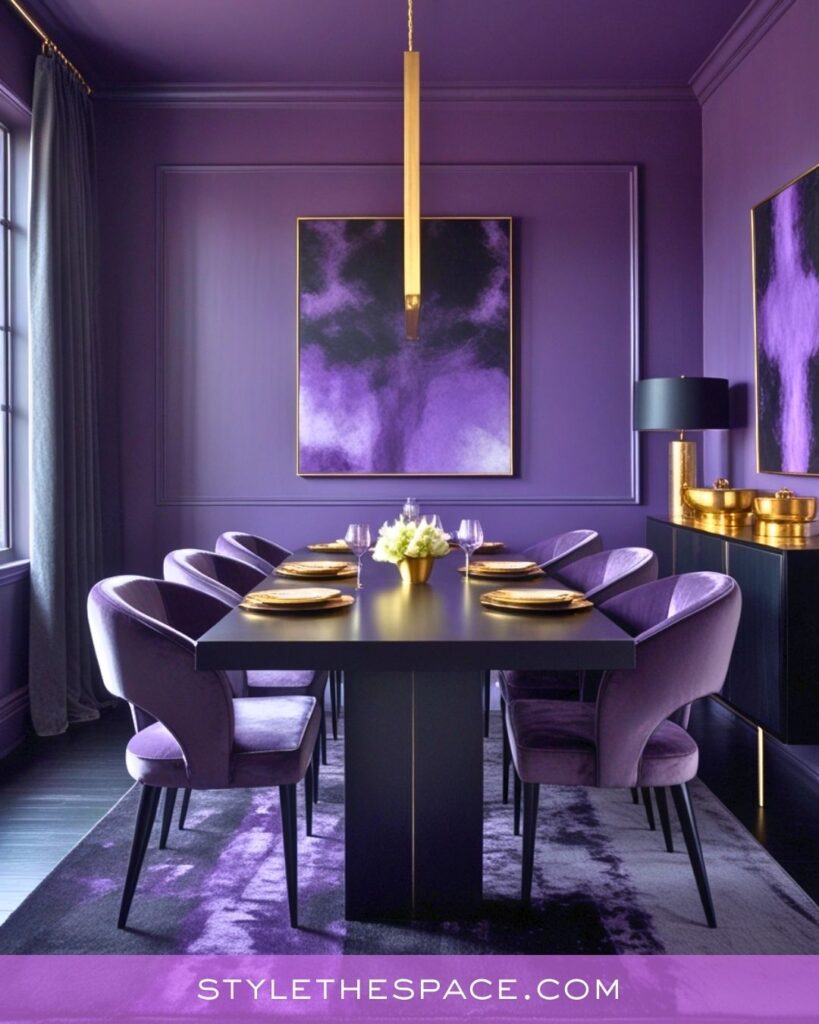 Modern Deep Purple Dining Room With Gold Accents
