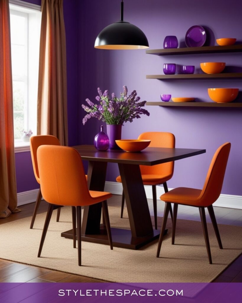 Vibrant Purple Dining Room With Bold Orange Accents