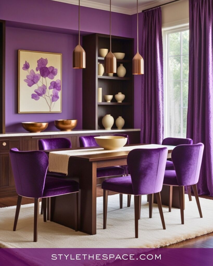 Sophisticated Purple Dining Room With Warm Copper Accents