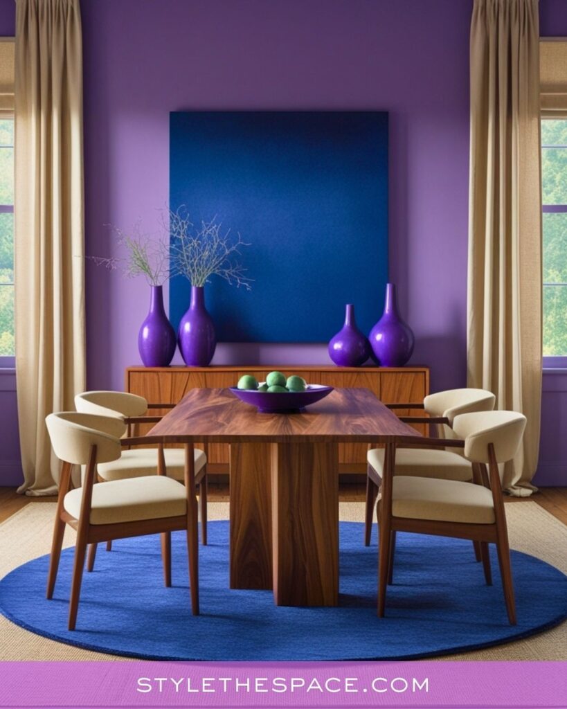 Bold Purple Dining Room With Natural Wood and Blue Accents
