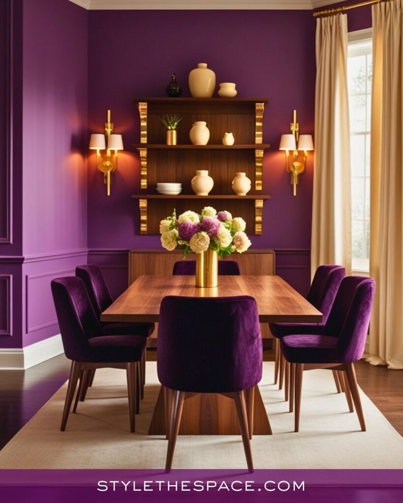 Classic Purple Dining Room With Warm Wood and Gold Accents