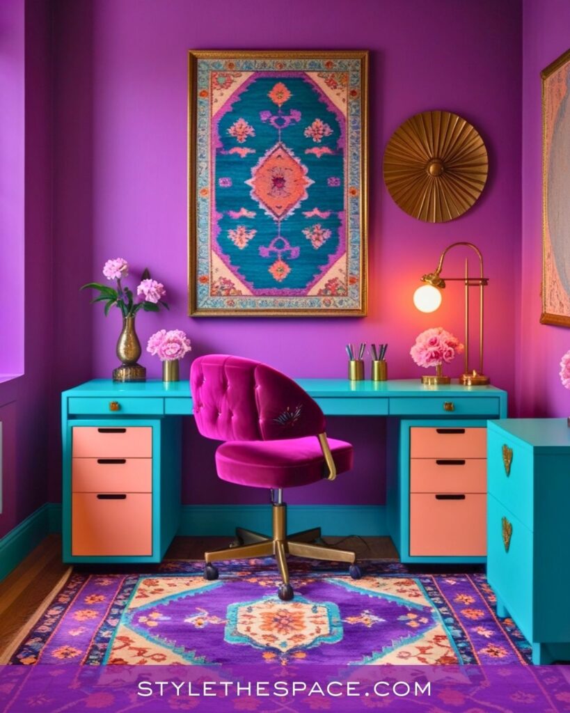 Vibrant Purple Home Office with Teal and Pink Accents