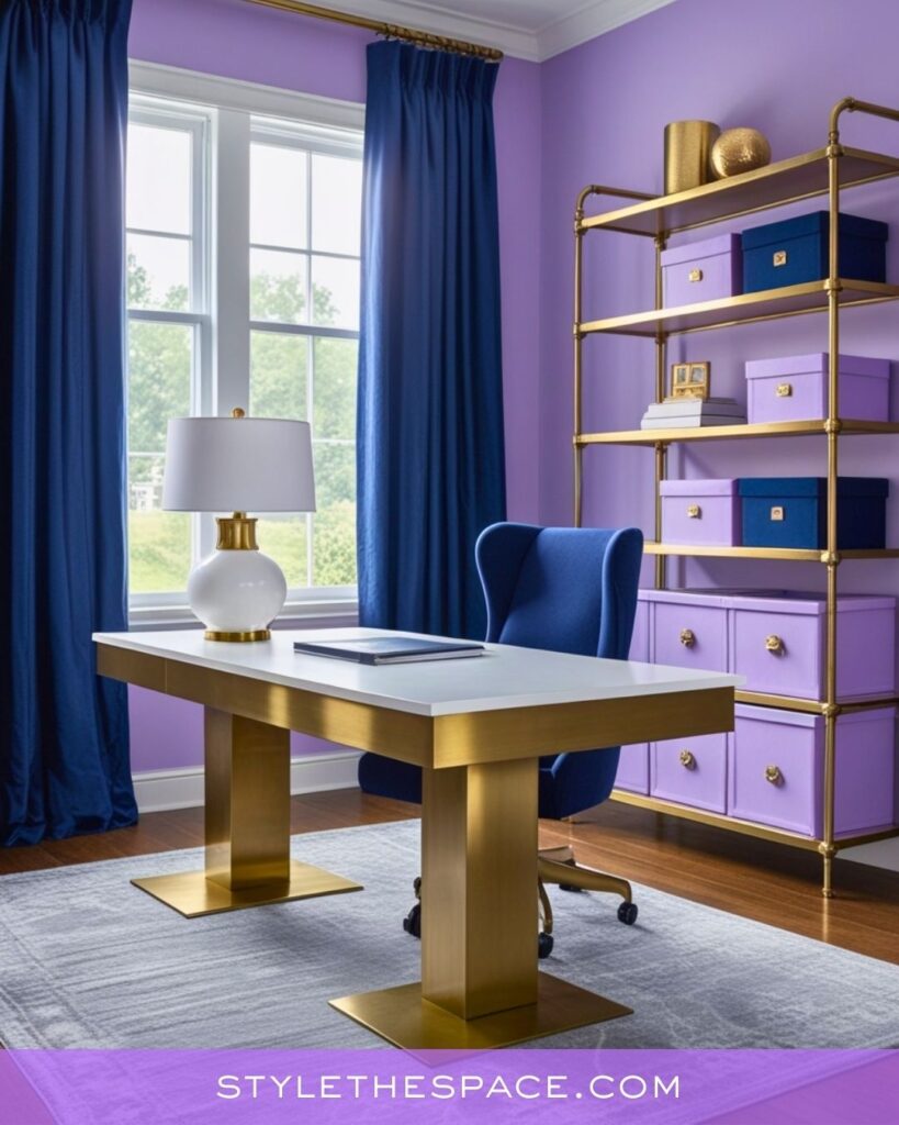 Chic Lavender Home Office with Bold Blue and Gold Accents