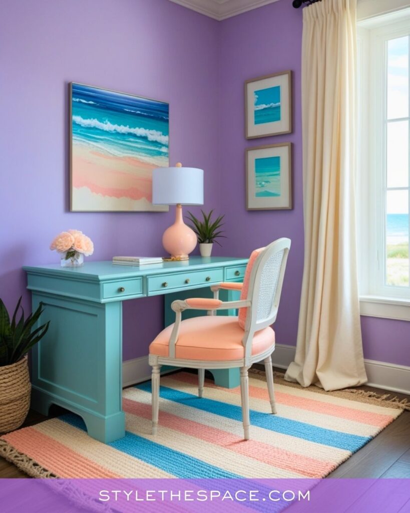 Coastal-Inspired Purple Home Office with Soft Pastel Accents
