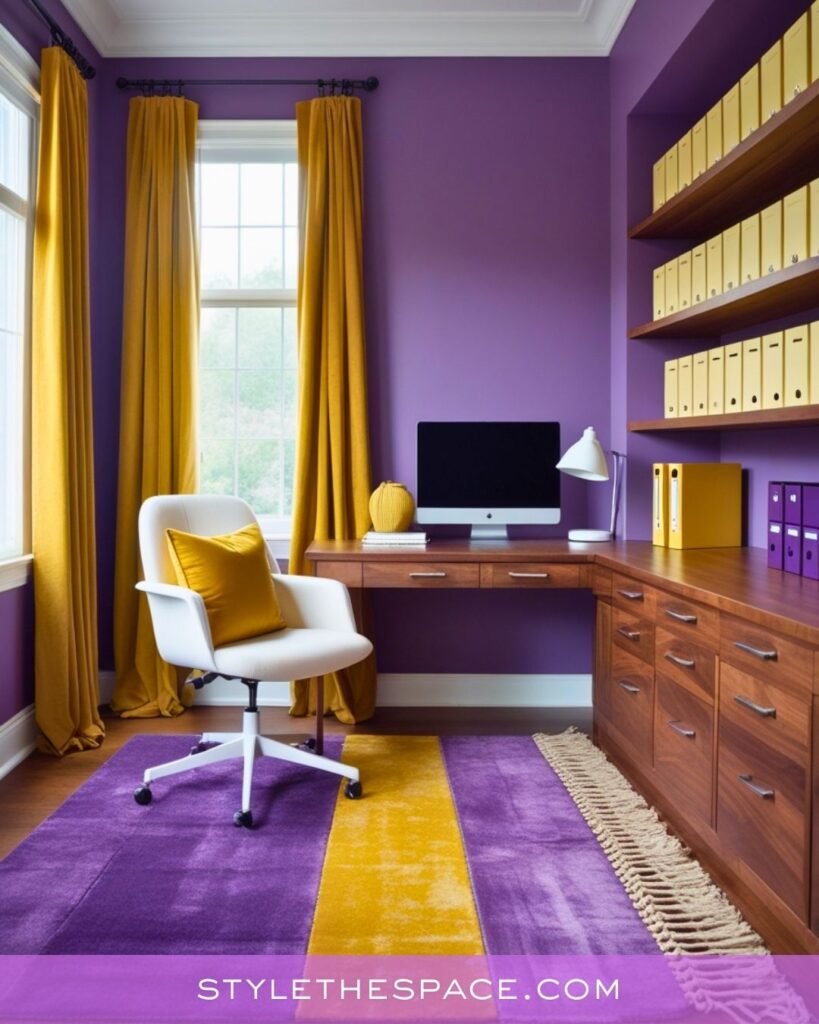 Purple Home Office with Mustard Accents and Warm Wood Tones