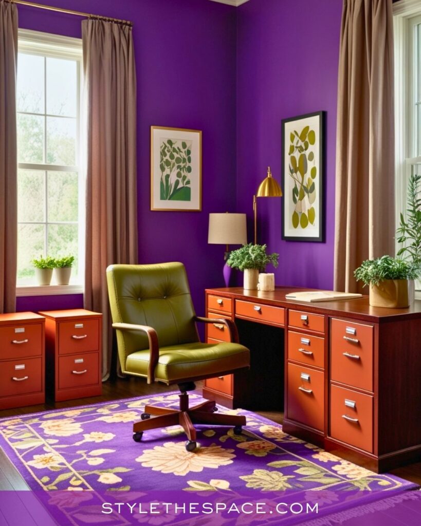 Bold Purple Home Office with Earthy Green and Terracotta Accents