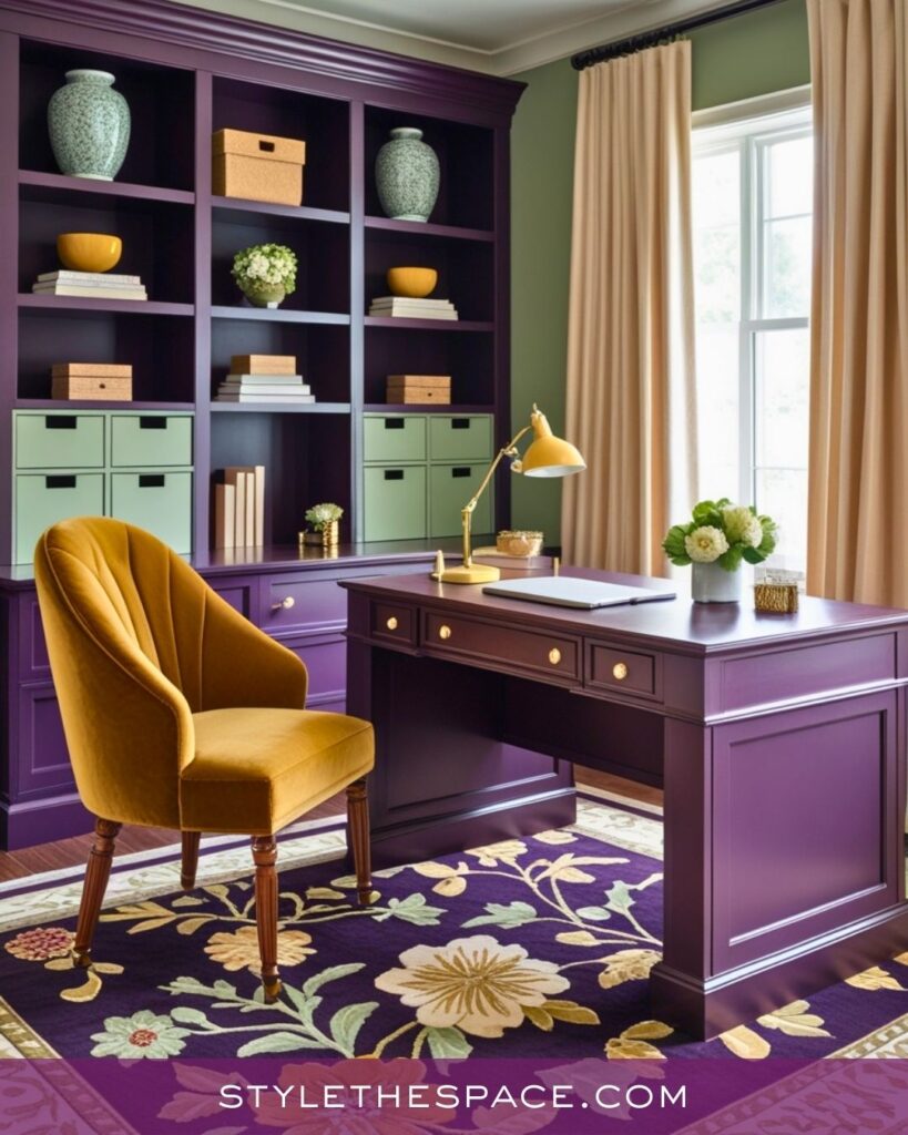 Sophisticated Purple Home Office with Sage and Mustard Accents