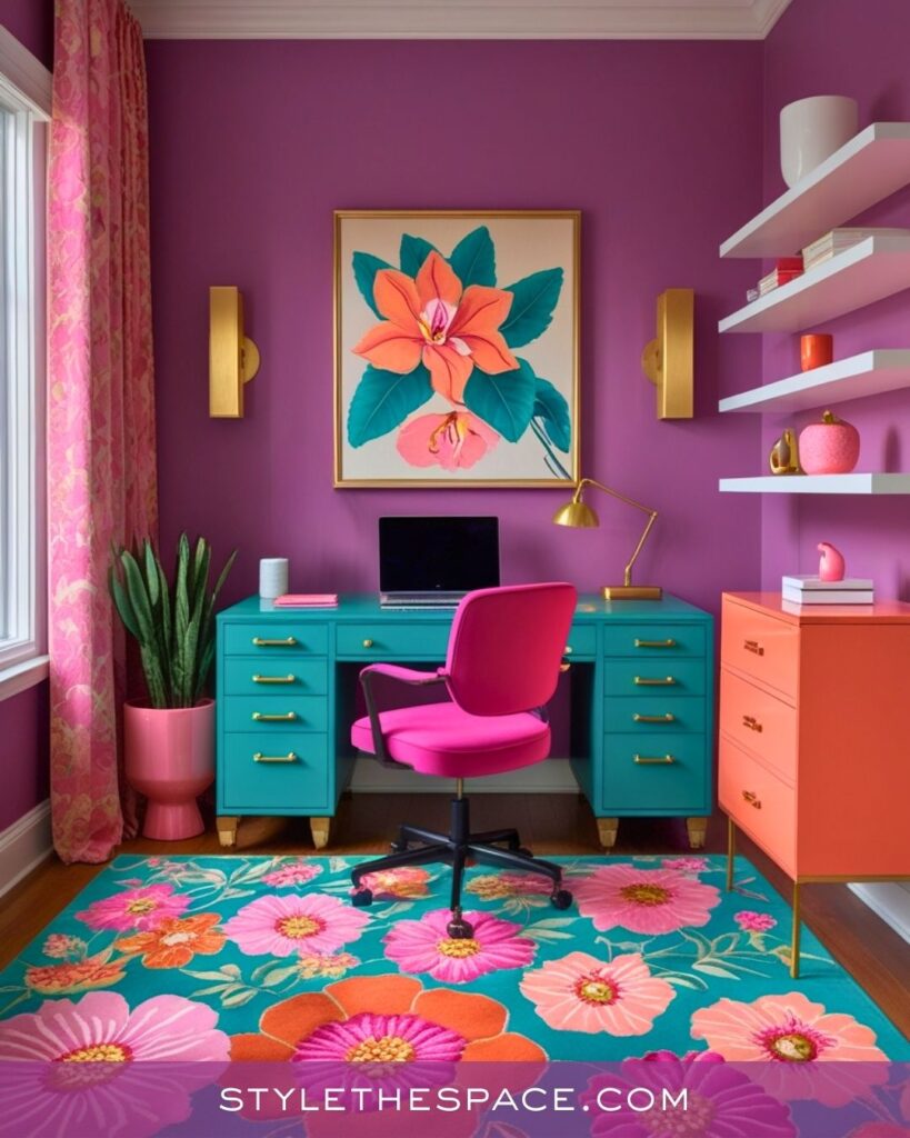 Playful Purple Home Office with Teal and Coral Statement Colors