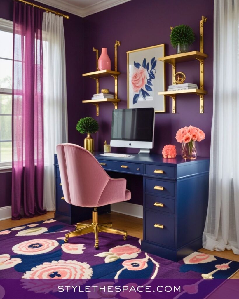 Bold Purple Home Office with Pink and Navy Accents
