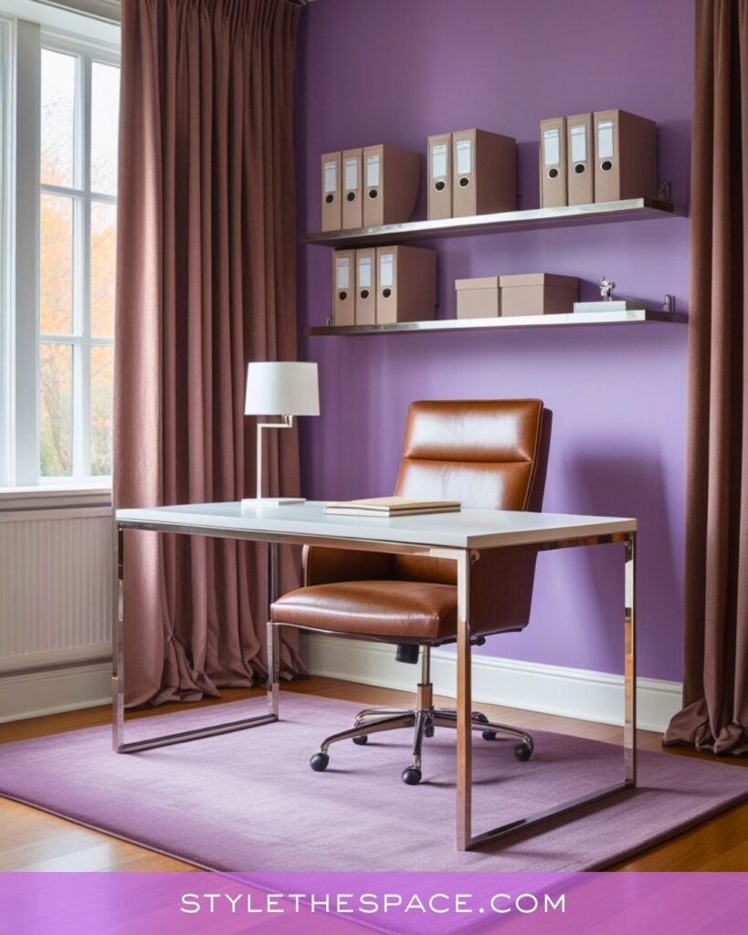 Modern Minimalist Purple Home Office with Warm Brown Accents