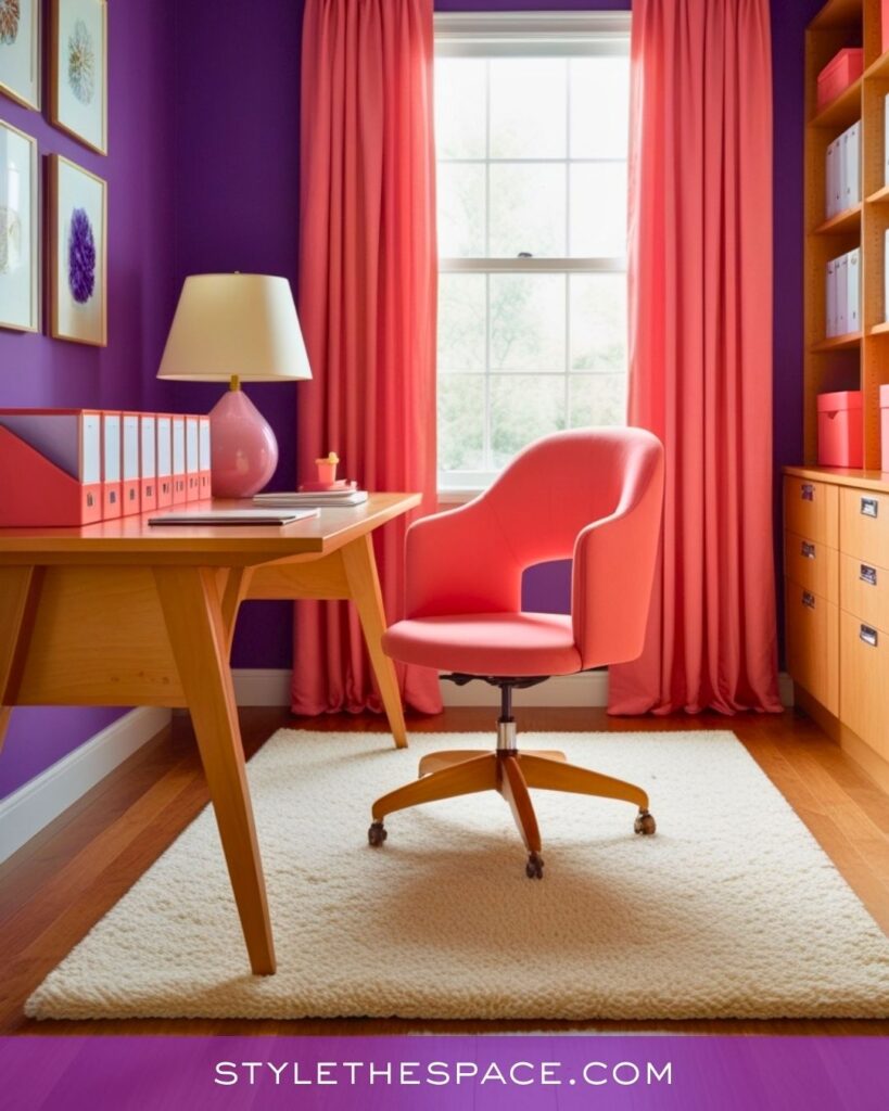 Vibrant Purple Home Office with Coral and Natural Wood Accents