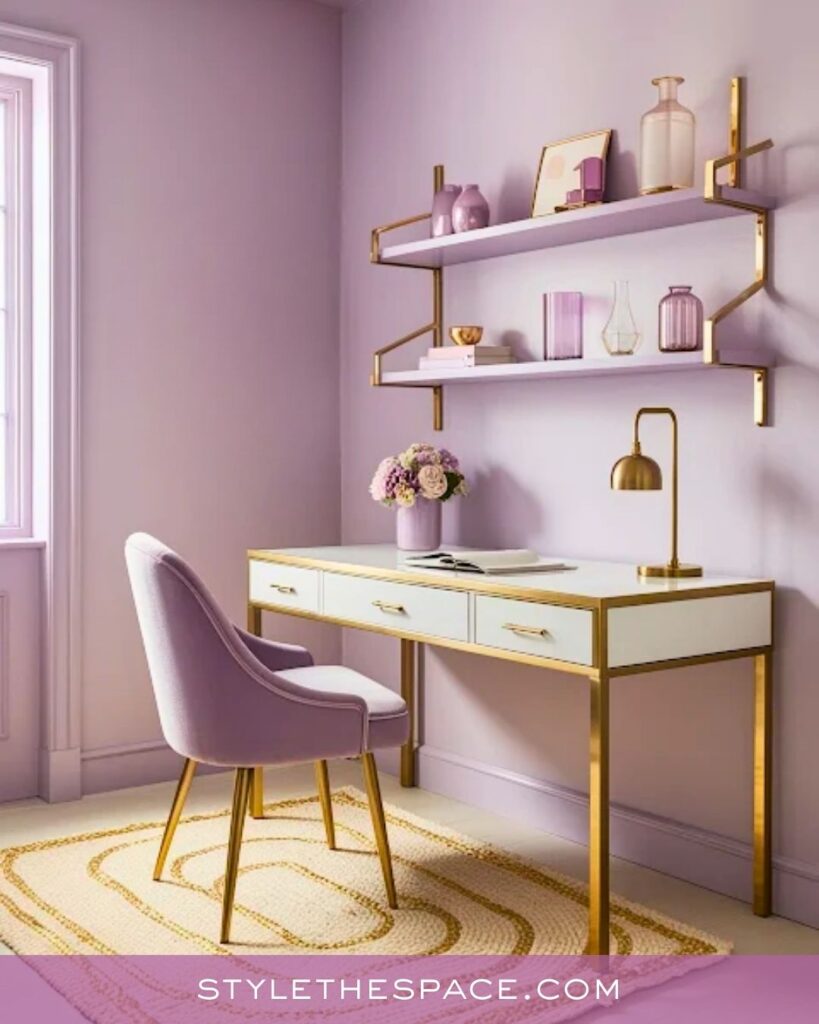 Soft Lavender Home Office with Gold Accents and Minimalist Style