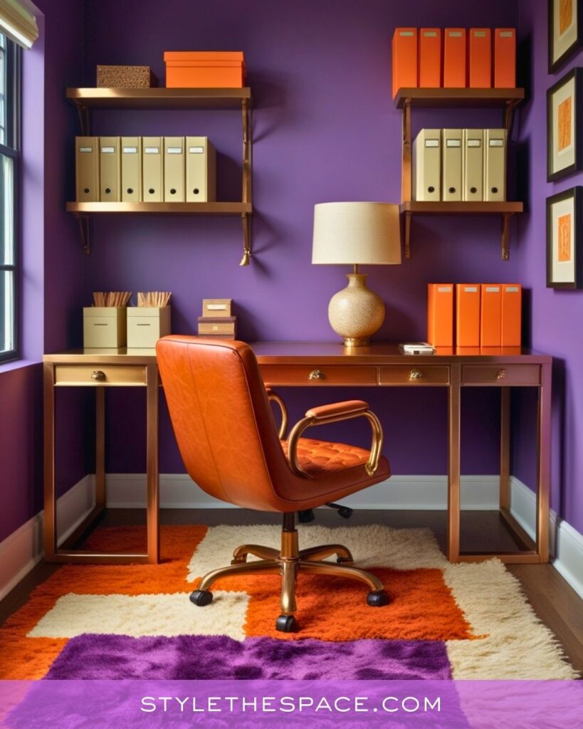 Bold Purple Home Office with Orange and Gold Accents