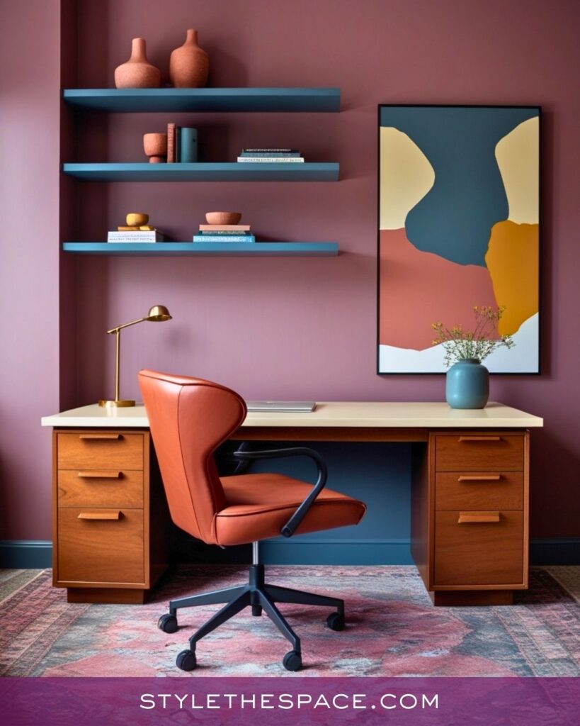 Modern Purple Home Office with Terracotta and Teal Accents