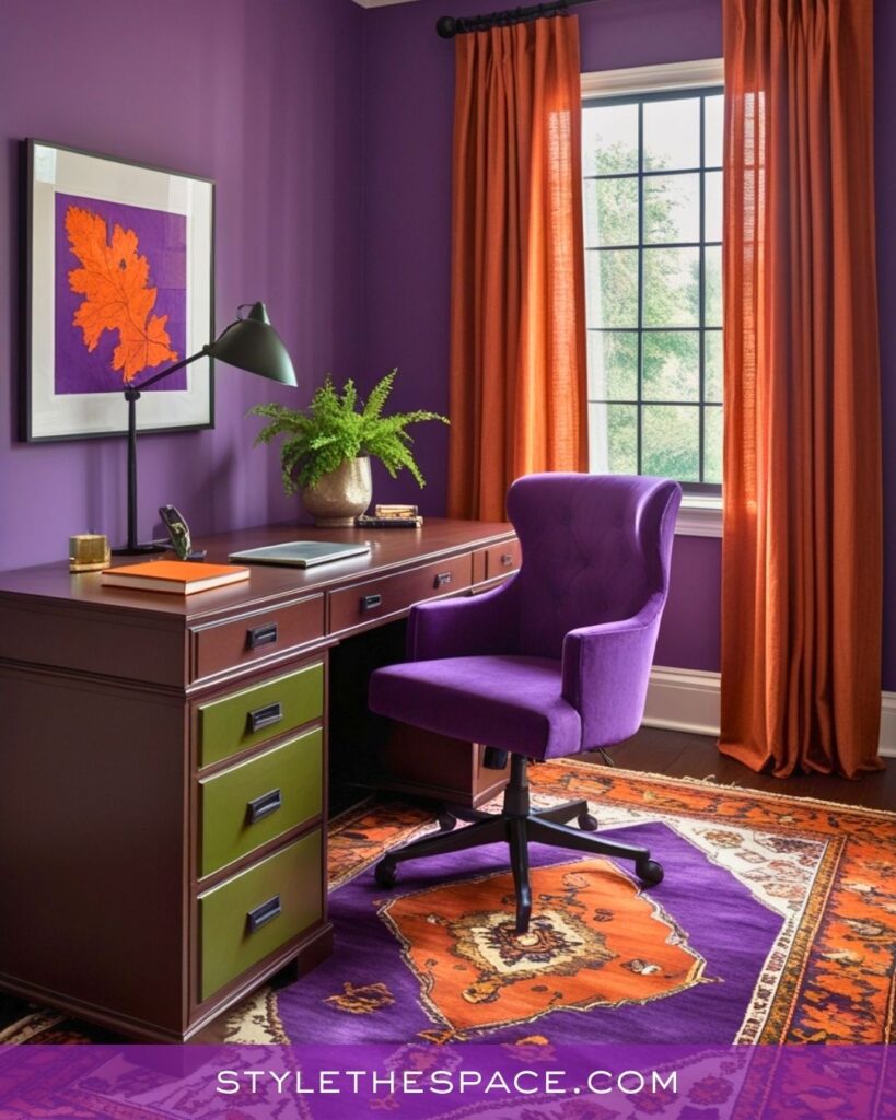 Warm and Vibrant Purple Home Office with Orange Accents