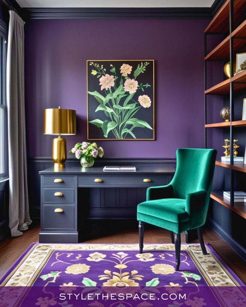 Elegant Purple Home Office with Emerald and Gold Accents