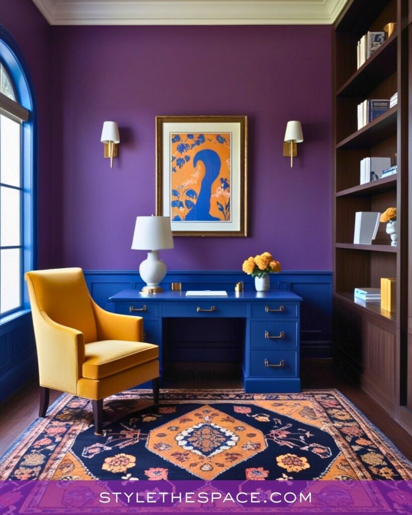 Vibrant Purple Home Office with Bold Blue and Mustard Accents