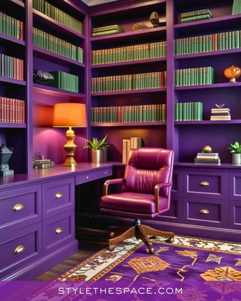 Moody Purple Home Office with Built-In Shelving and Warm Accents
